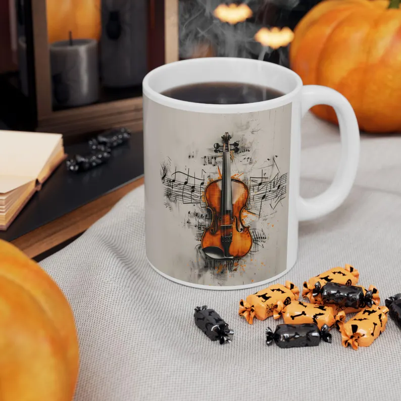 Art-inspired violin design on a mug