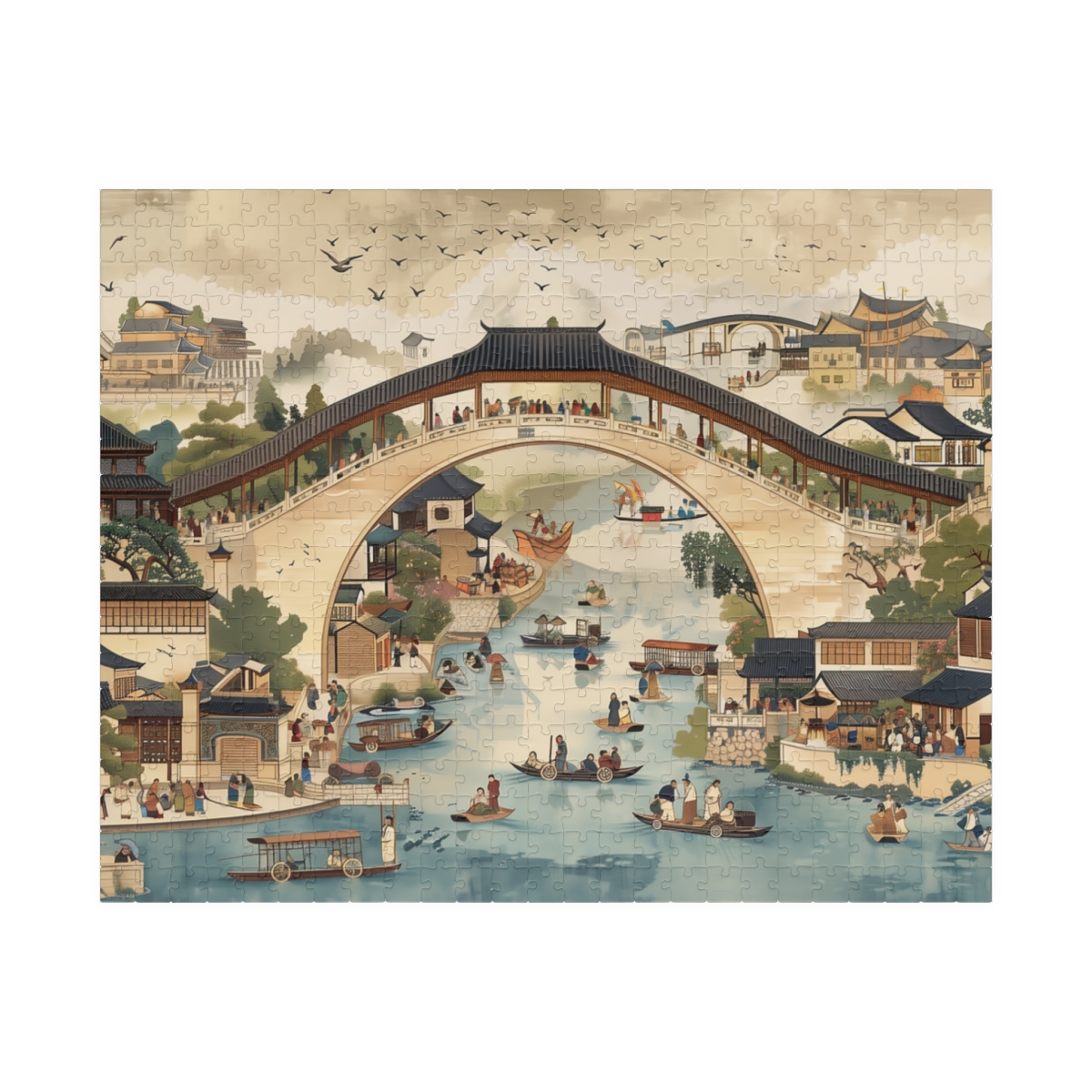 A MomDadKaiDesign Jiangnan riverside puzzle illustration with a calm water-town scene